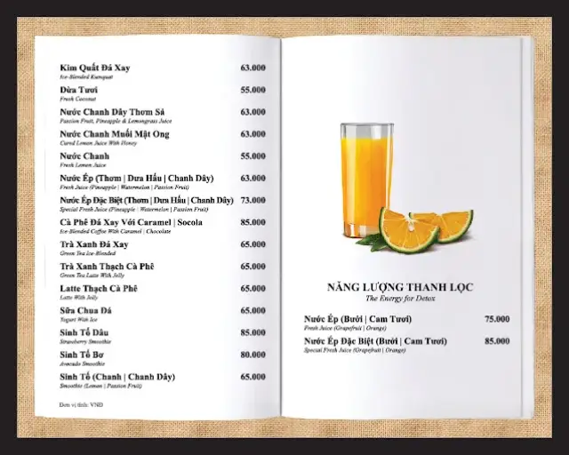 Menu cà phê Trung Nguyên