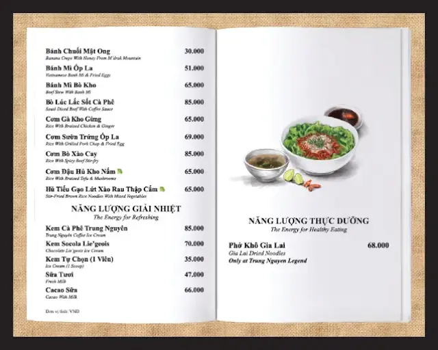 Menu cà phê Trung Nguyên